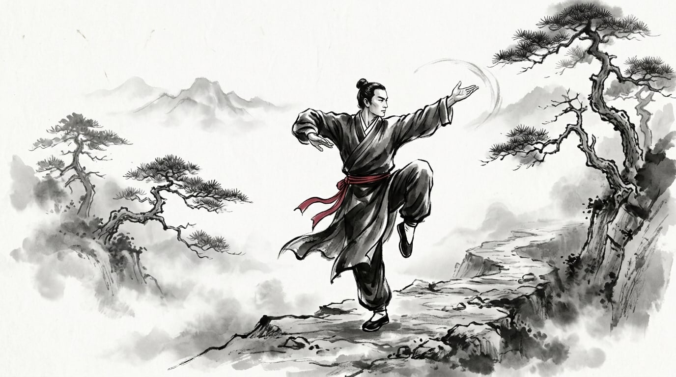 Ink wash painting of a martial artist performing Baguazhang circle walking
