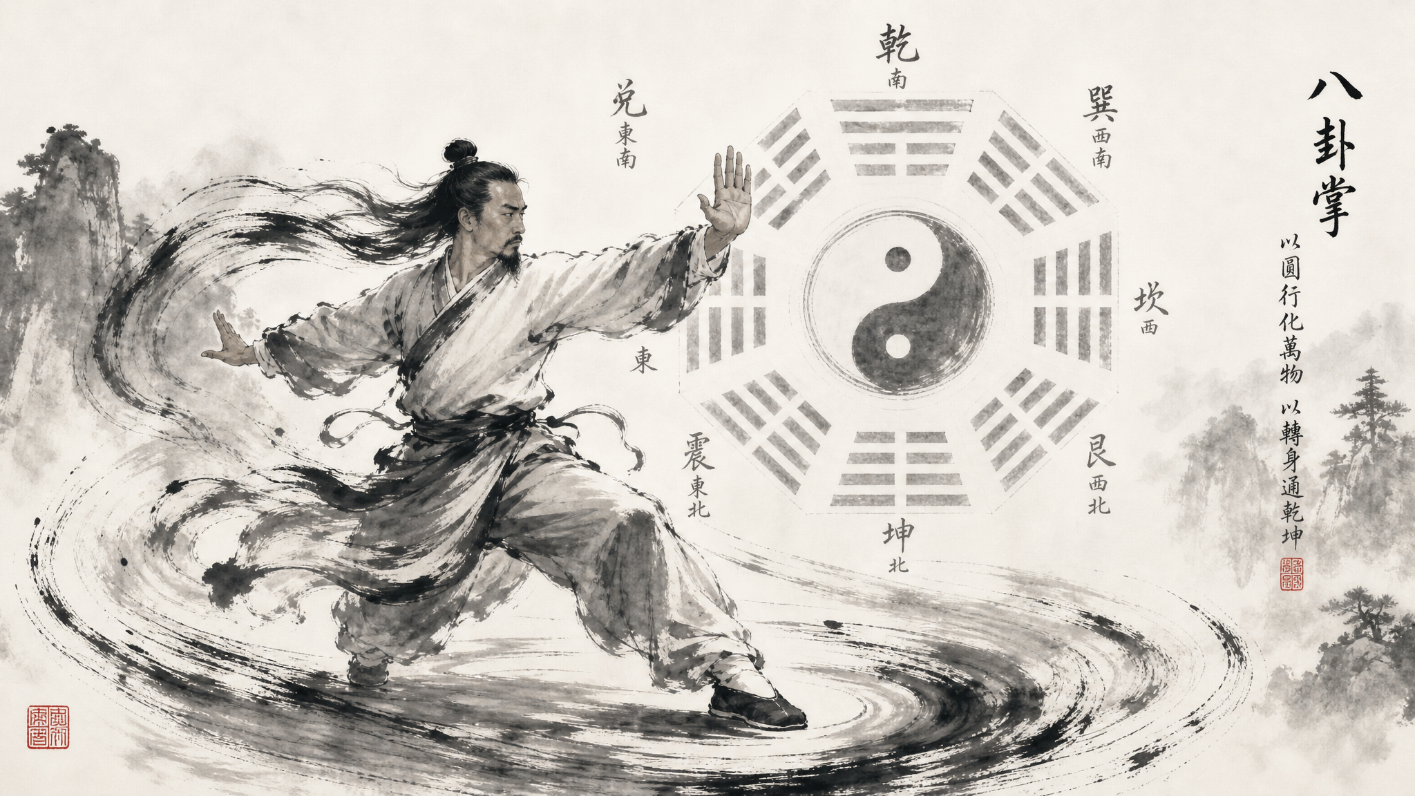 Ink wash painting of a martial artist performing Baguazhang circle walking practice