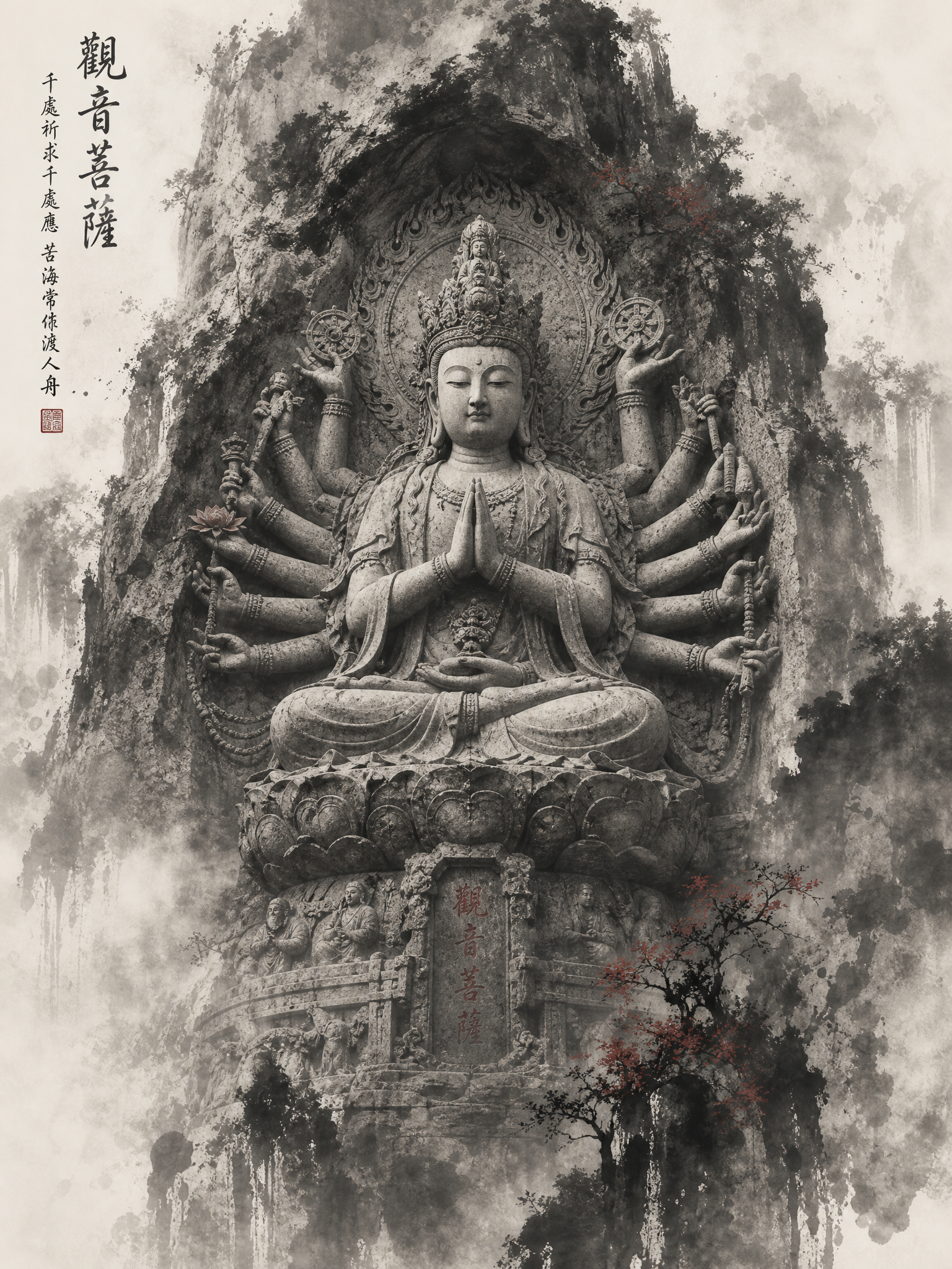 Ink wash rendering of stone Quan Yin statue with multiple arms, representing spiritual cultivation and compassion