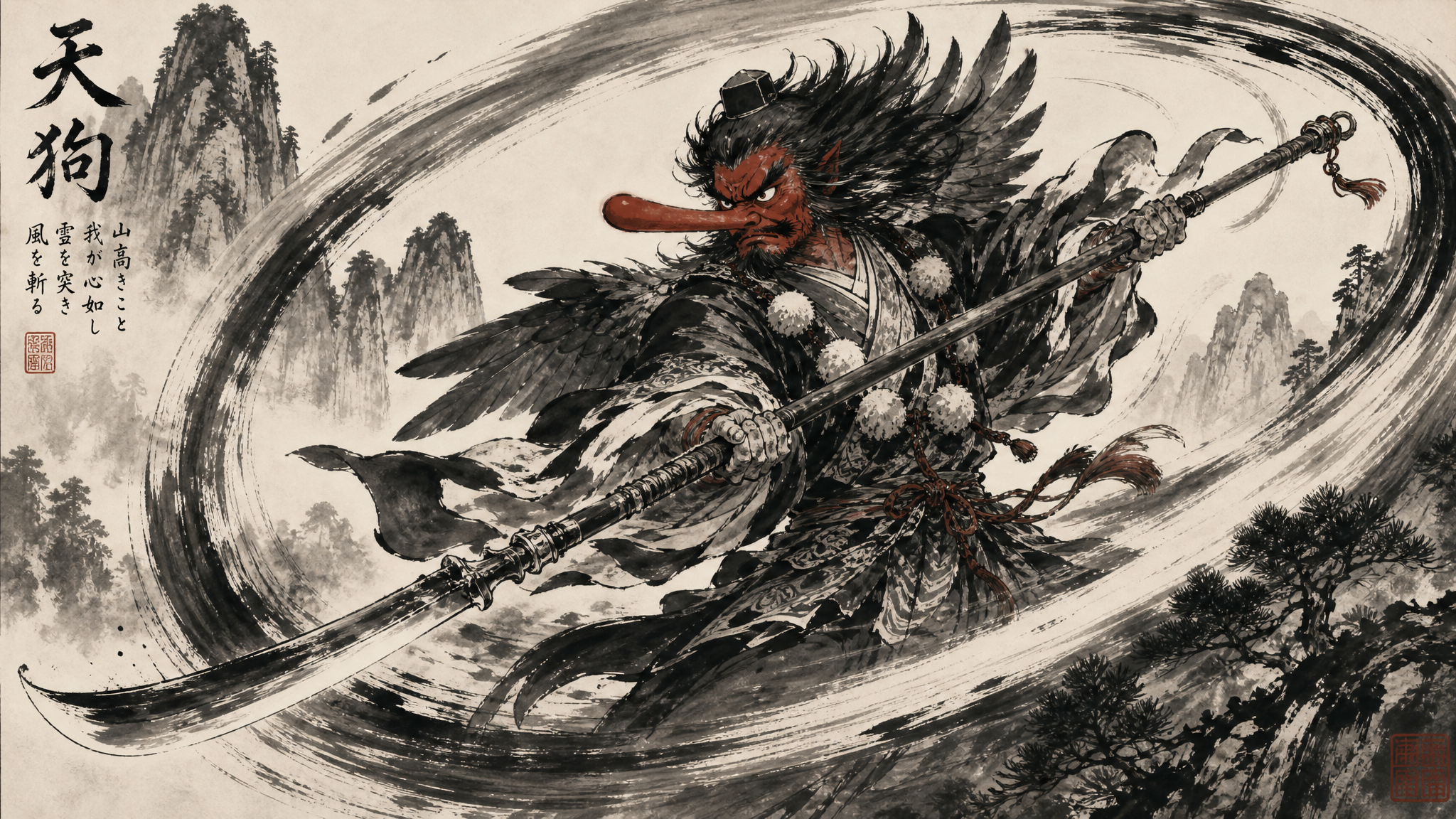 Ink wash painting of a Tengu wielding a long-handled sword in dynamic spinning motion
